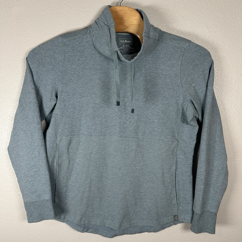 LL Bean Cozy Mixed Knit Pullover Womens XL Blue Gray Cowl Neck Pocket Sweatshirt